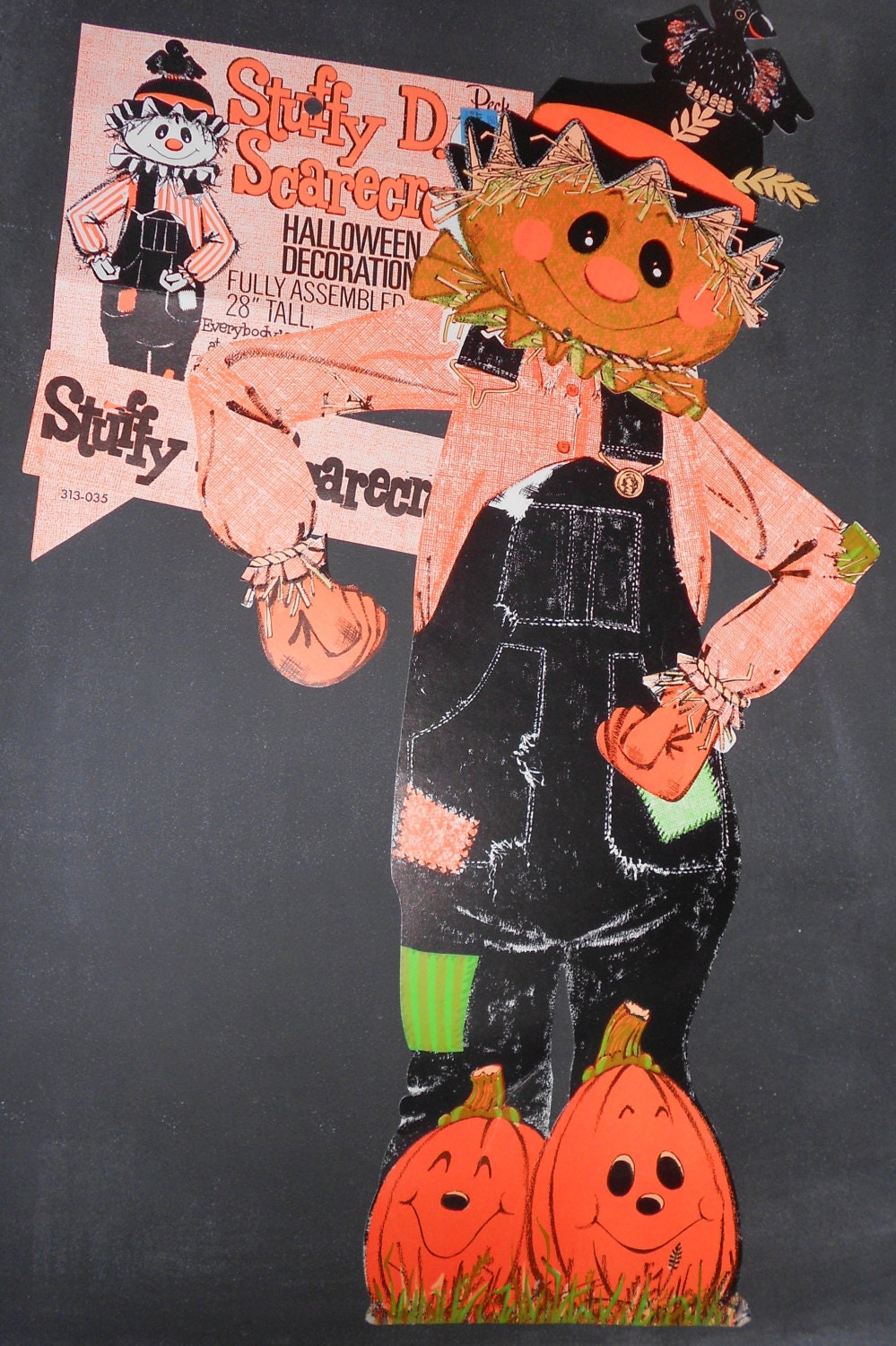 Vintage Retro Peck Brand Halloween Die-Cut Wall Hanging Cardboard Decoration - Stuffy D. Scarecrow Swinging Arms and Leg