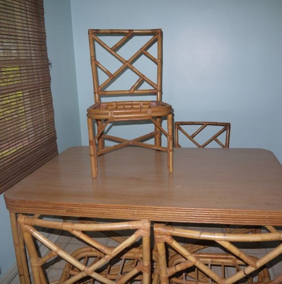 Vintage bamboo dining table & chairs / 50s 60s Mid Century chippendale / bent rattan / tropical tiki coastal beach / hollywood regency