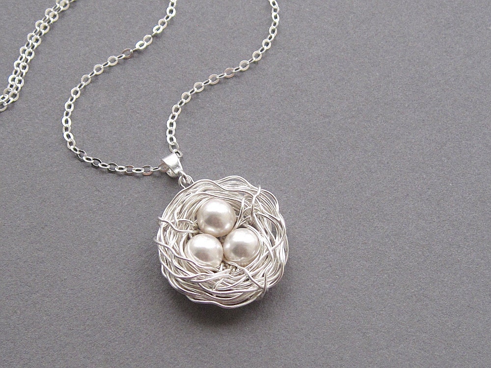 Bird nest necklace, sterling silver chain, swarovski crystal pearl color choice, silver wire wrapped nest, three eggs