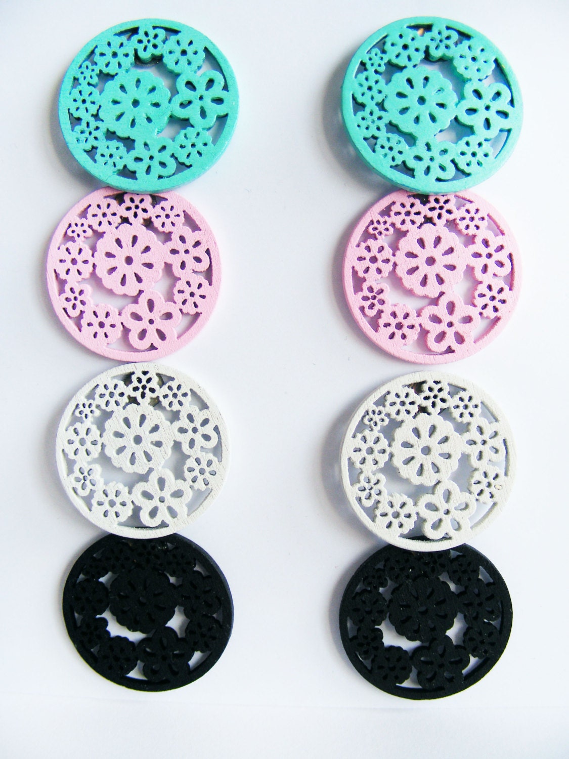 Wooden Flower Studs - One Pair of Earrings - Mint Green Earrings - Pink Earrings - White, Black Studs - Shabby Chic Earrings - Post Earrings