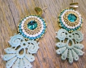 SOMETHING BLUE post earrings leather lace crystal 24k gold bead embroidery hand dyed and made