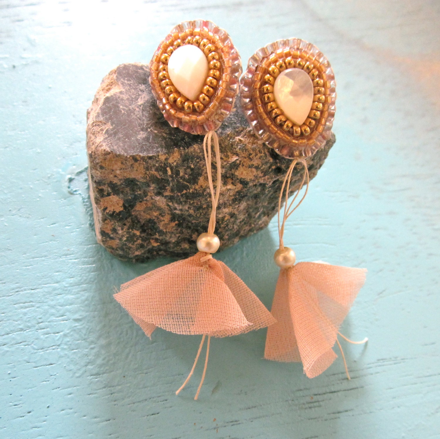 MOTHER of PEARL embroidered earrings with organza and pearl floral drops