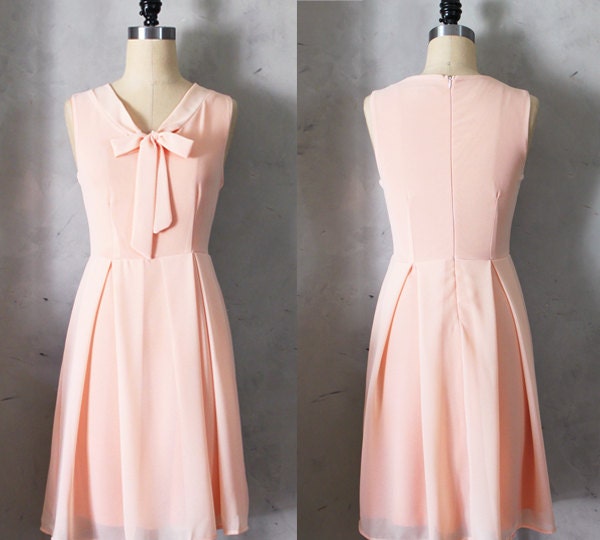 MADELINE - PEACH Blush apricot scarf neck tie dress// retro // vintage inspired // pleated skirt // bridesmaid dress // garden // mod