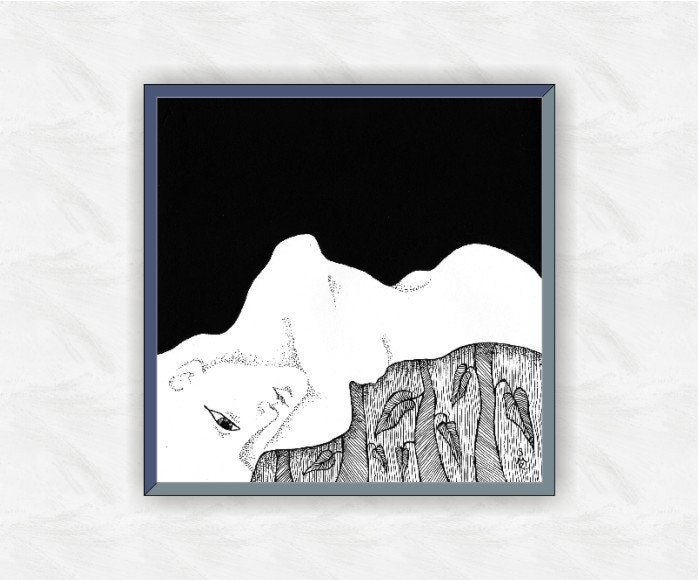 Custom framed nude drawing print - Black and white nude woman  - art for bedroom