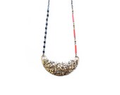 OOAK Half moon gold pendant necklace, Egyptian symbols, red and black glass beads, gold bicone crystals, asymmetrical, geometric