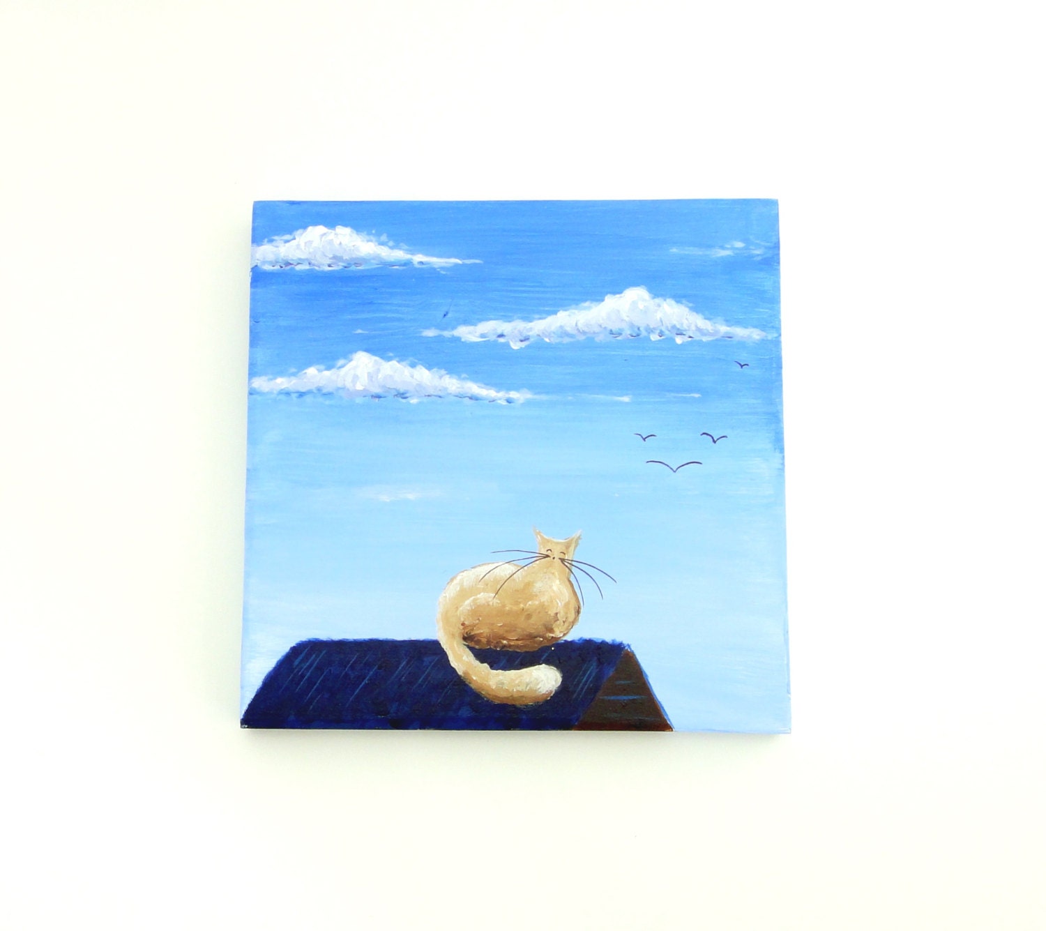 Original Painting, Cat Painting on Reclaimed Wood, Bright Blue Sky with Cat On Shed Illustration, Reclaimed Wood Art