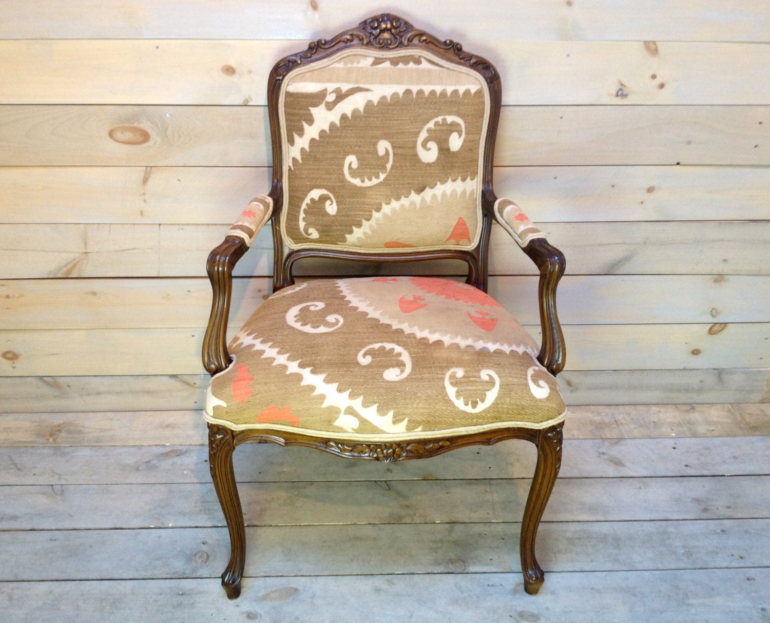 Dusty Rose and Driftwood Vintage Suzani Upholstered French Arm Chair