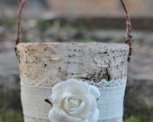 Birch Bark Rustic Flower Girl Basket Burlap Lace and A Paper Rose