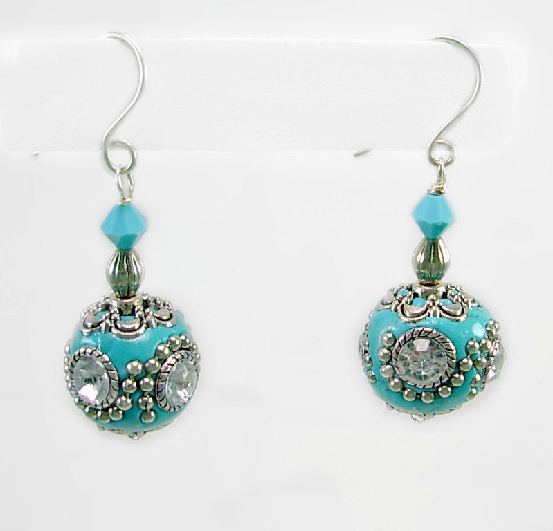 Turquoise Kashmiri, Swarovski & Sterling Earrings, Unique Artisan crafted beads, Aqua, handmade ear wires
