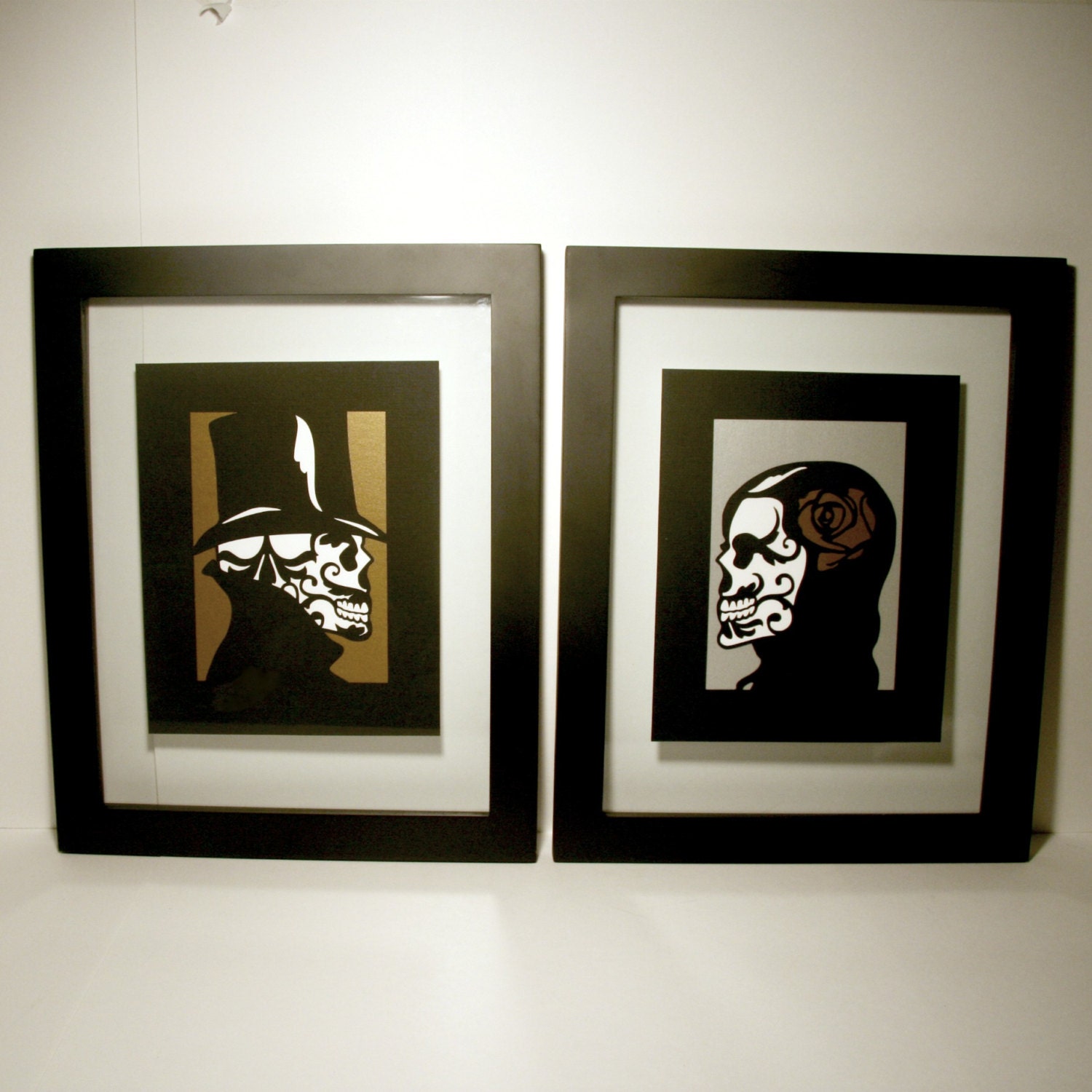Cut Paper Sugar Skull Day of the Dead Artwork 8x10 Silver Gold - 2 piece - Unframed