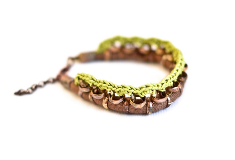 Statement Blacelet, Fabric Bracelet, Crochet, Brown Jersey, Lime Green Yarn, Brass Copper Chain