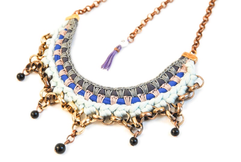 Mint Green Statement Necklace, Black Bead Bib, Tribal Necklace With Oxidised Chain