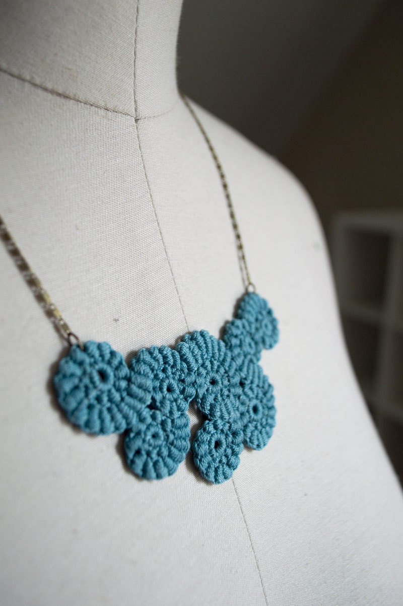 Teal Cotton Spirals Crochet Bib Necklace with Antiqued Bronze Chain