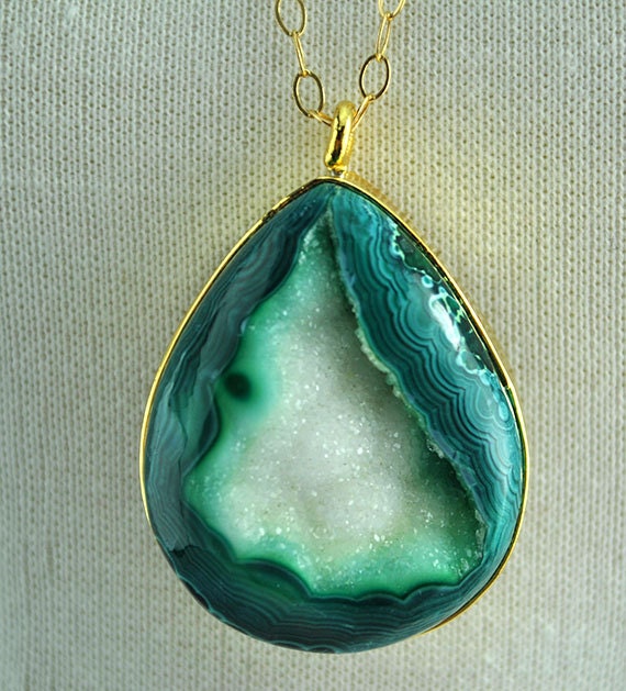 Mothers Day Sale - Emerald Green and White Drusy Long Gold Necklace