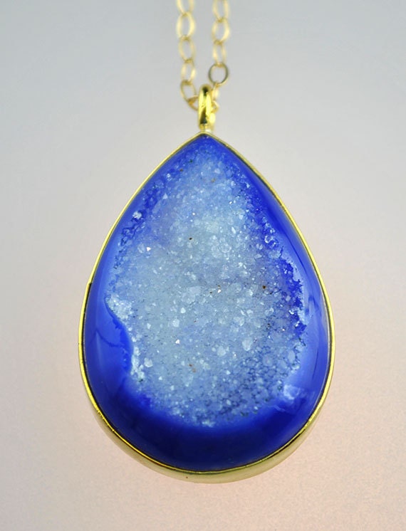 Mothers Day Sale - Long Gold Monaco Blue Drusy Necklace