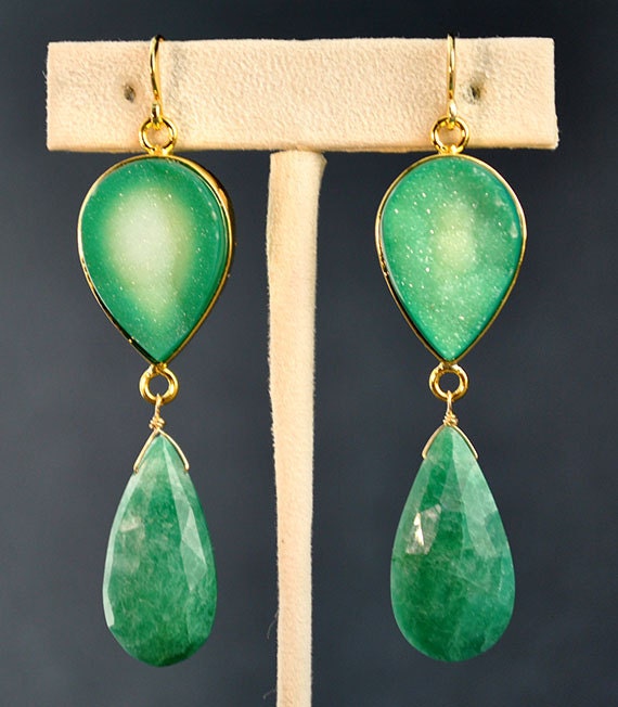 Mothers Day Sale - Emerald Earrings - Drusy Earrings - May Birthstone Earrings - Emerald Jewelry