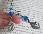 Blue Green Earrings Nature Inspired Brass Leaf Earrings