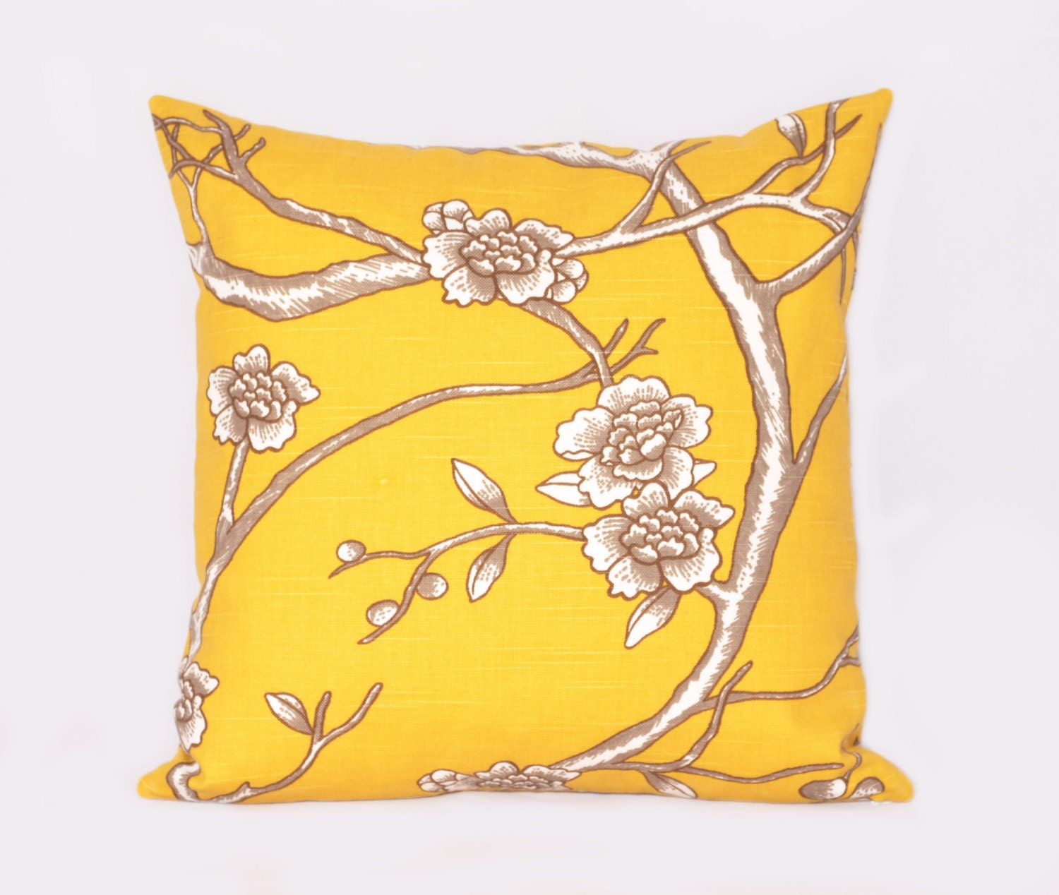Mustard Floral Throw Pillow - Yellow Decorative Pillow - Spring Blossom - Flowers and Birds, 18 inch Pillow, Mustard Yellow, Floral Pillow