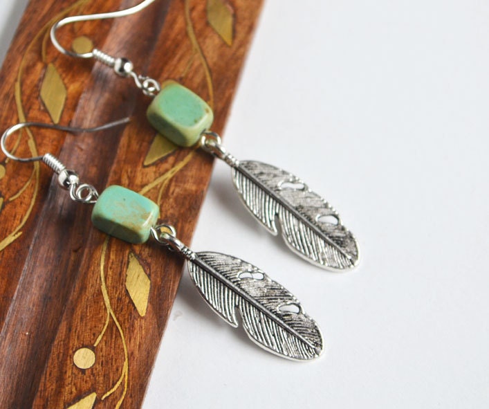 Feathers and Turquoise Earrings, Hippie Nature Inspired Earrings, Rectangular Stone Earrings, Feather Jewelry