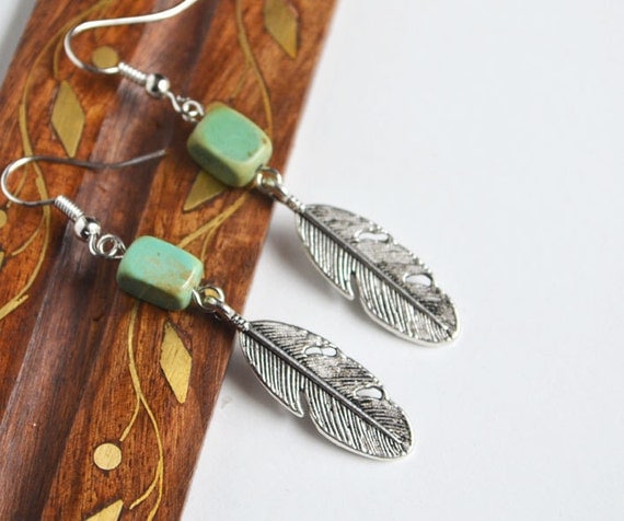 Feathers and Turquoise Earrings, Hippie Nature Inspired Earrings, Rectangular Stone Earrings, Feather Jewelry