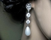 Pearl earrings - Long - Sterling silver - Pearl drop earrings -  Sparkling double Cubic Zirconia connectors - Bridal jewerly - Bridesmaids -
