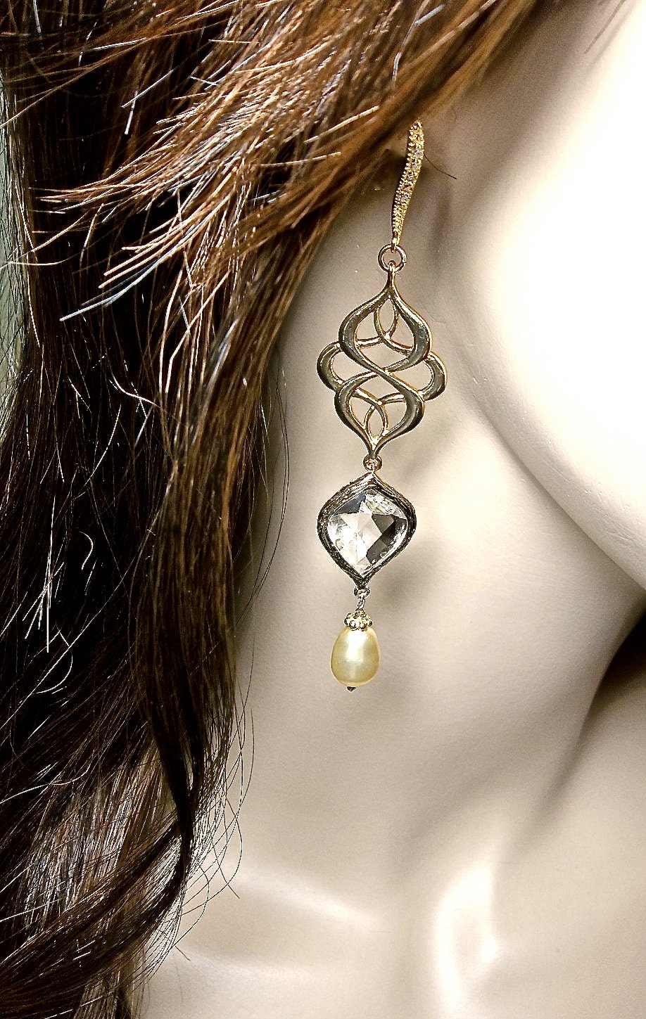 Statement Earrings - Gold - Elegant - long pearl earrings -14k Gold over Sterling Cubic Zirconia ear wires - Bridal jewelry-