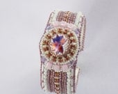 Bead Embroidery Bracelet Cuff  Spring colors  Swarovski  Seed beads jewelry Powder pink Lilac  White