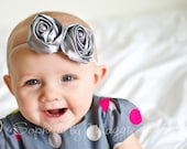 Gorgeous Grey/Pewter Satin Rosette Duo Headband with Pearl Centers - Elastic/Any Size - Baby/Girl/Wedding - Photography Prop