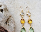 Dangle Earrings bridal wedding jewelry simple,long light sparkle quartz  golden yellow citrine drop green amethyst earrings Israel