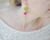 long  DUAL bright apple olive green and rusberry pink red drop gemstone earrings textured golden frame gemstone earrings Israel