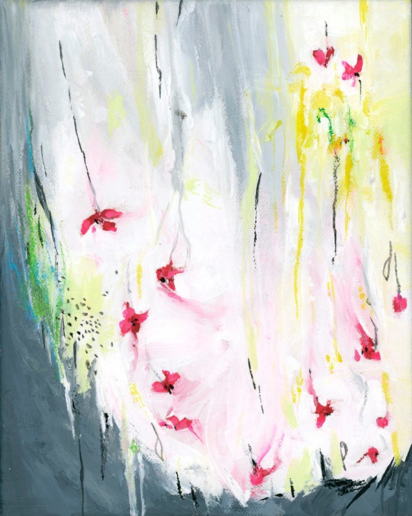 Red White Grey Original Abstract Painting 8X10 acrylic on canvas mint floral for her baby shower nursery decor