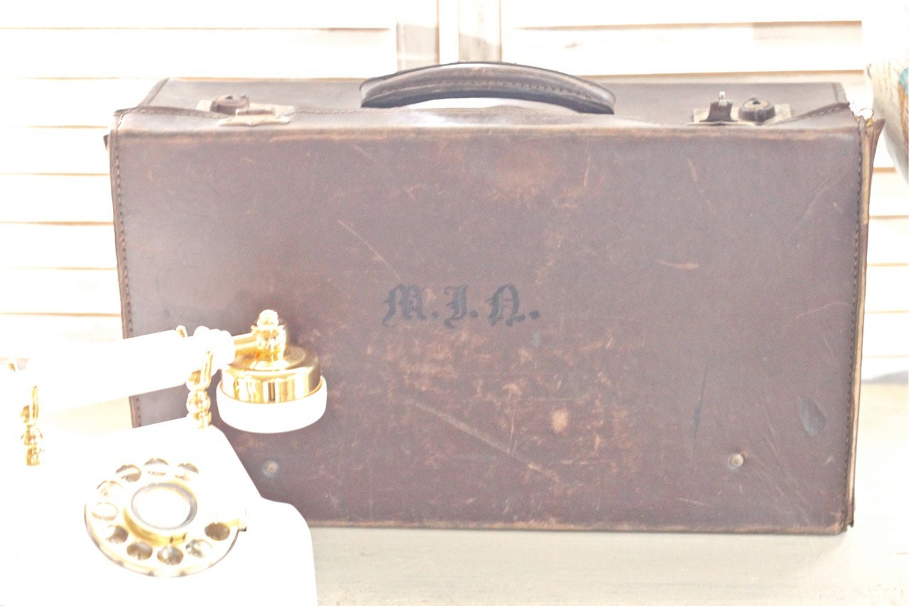 Vintage Brown Leather Luggage with Monogram from England