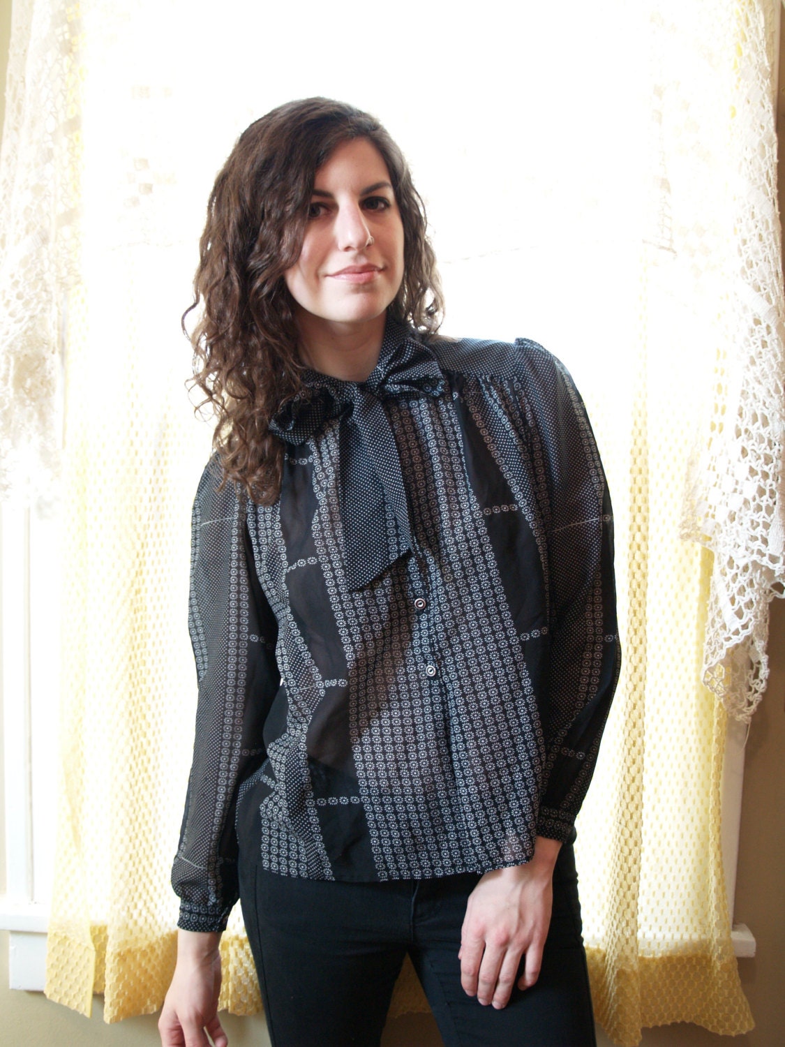 1980s Vintage Black & White Print Secretary Blouse with Necktie - Polka Dots and Flowers Long Sleeve Button Down Oxford Shirt - M 4 5 6 7 8