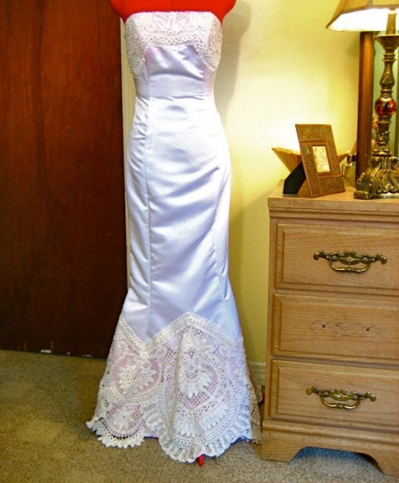 15% Off - Elizabeth - Wedding Gown, Alternative Upcycled Strapless Blush Ombre Mermaid with Vintage Crocheted Lace