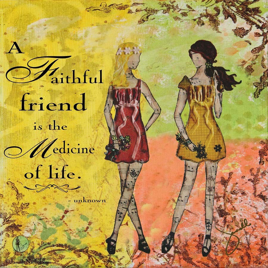 Inspirational Folk Art print of sisters with quote Janelle Nichol A Faithful Friend
