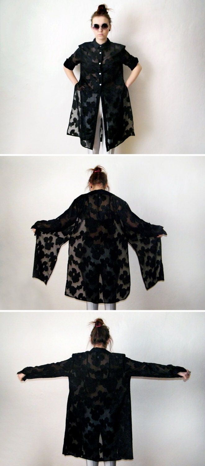 90s Black Long Duster - Vintage Floral Goth Grunge Sheer Tunic Blouse Gypsy Kimono Long Sleeve Button Up Shirt Witch Vamp Hippie Boho - XZOUIX