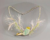 Statement fine art necklace with bird made of silk textile. Fiber art linen jewelry with grasses for rustic wedding.
