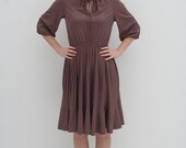 1970's Brown Mid Length Pleated Dress with Tie Collar