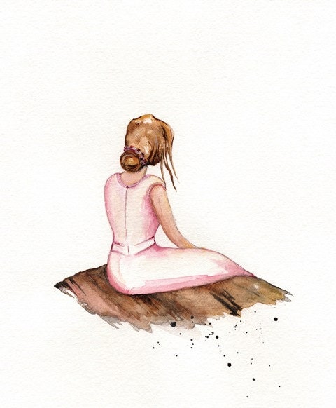 Waiting for my Love's Return / Minimal / Girl / watercolor print / pink / brown / Gray / Archival
