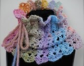 LACY PASTEL COWL - Lavender, Coral, Pink & Mint Blue Infinity Scarf -  Hand Crocheted with Pom Pom Ties - Feminine Colors Spring Fashion