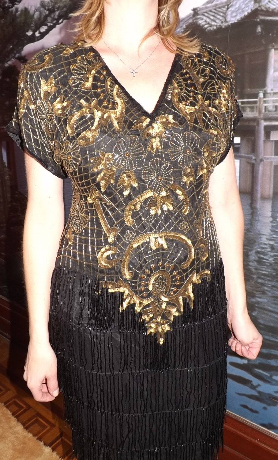 Sequin Party Dress - 1980s Black Party Dress with Sequins and Beads - Flapper Dress - Great Gatsby Dress - Wedding Prom Formal
