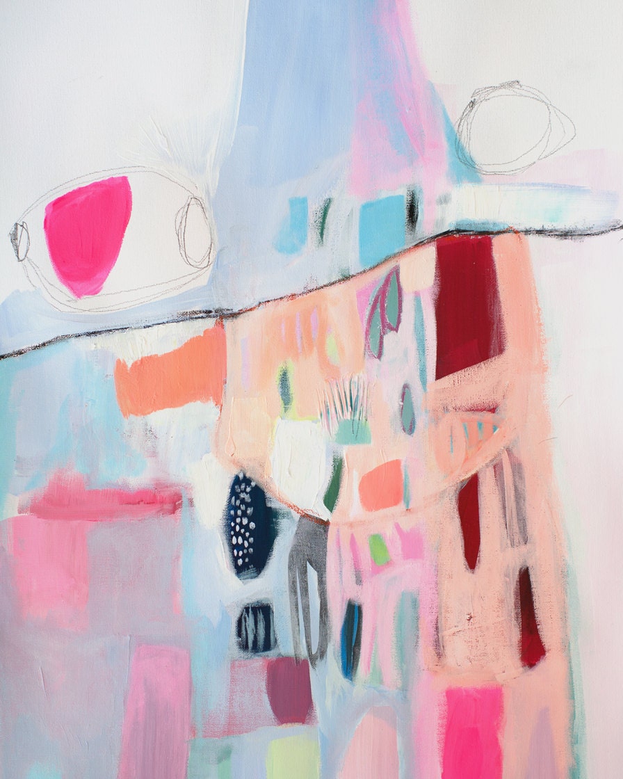 ABSTRACT painting, fine art, giclee print, white, blue, pink, red, modern painting,
