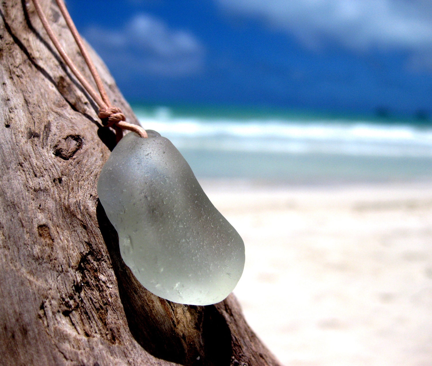 Hawaiian Gorgeous & Thick Clear Beach Glass on India Leather Necklace