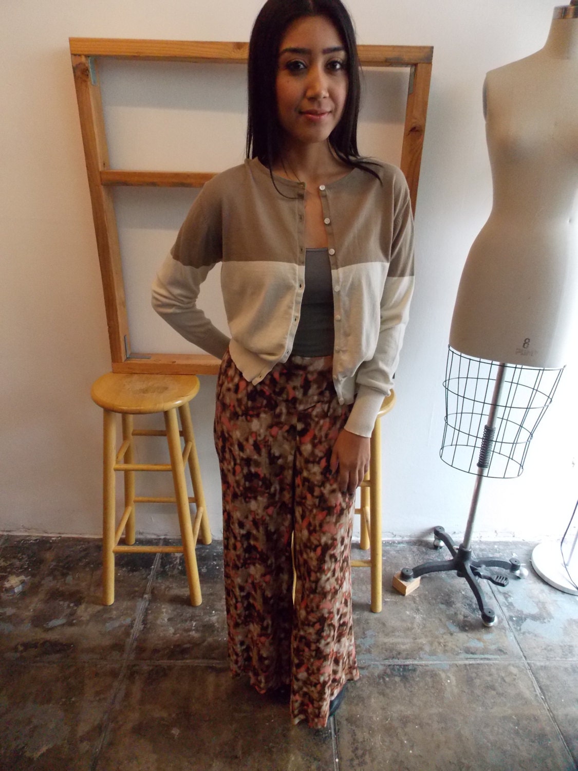 Vintage Bright Pattern PANTS - Palazzo, Pink & Brown, Billowy