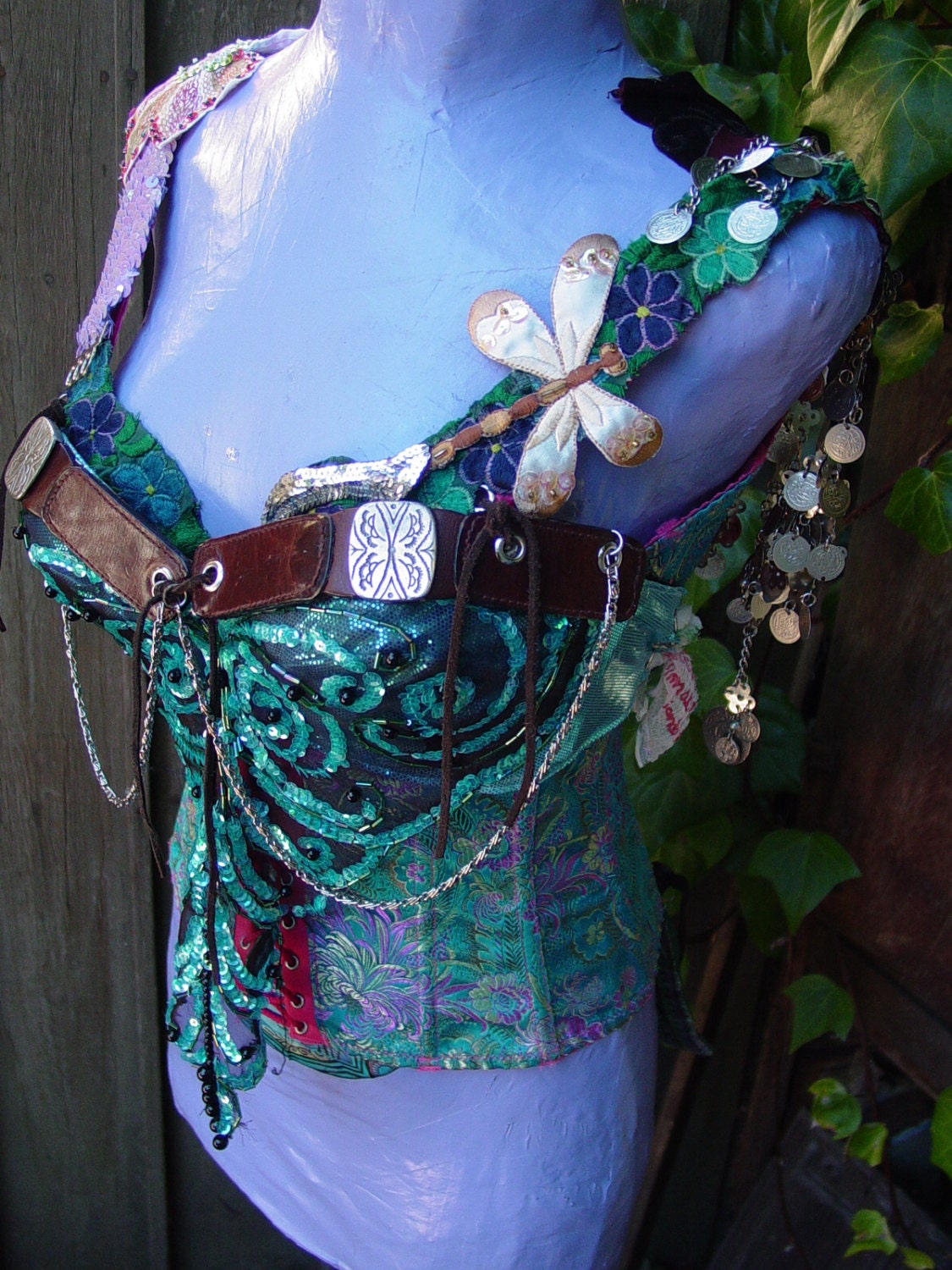 Turquoise Feminine Eco-Warrior CORSET DragonFly, Flower, Festival, Wedding