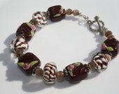 Valentine's Day Chocolate Candy Brown Pink and White Flower Lampwork Glass Bead Bracelet