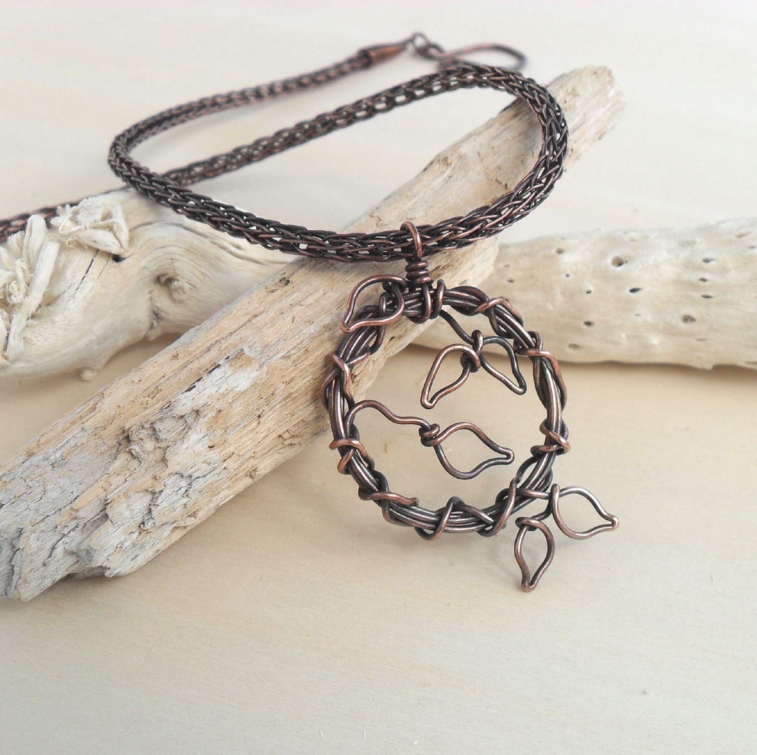 Wire Wrapped Necklace Wire Woven Jewelry Handmade Viking Knit Copper Art Deco Art Nouveau Circle Pendant Leaf Leaves Vintage Inspired