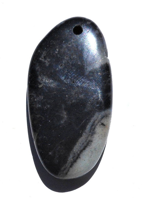 47mm Free Form Natural Black Amazonite Stone Pendant Black and Aqua
