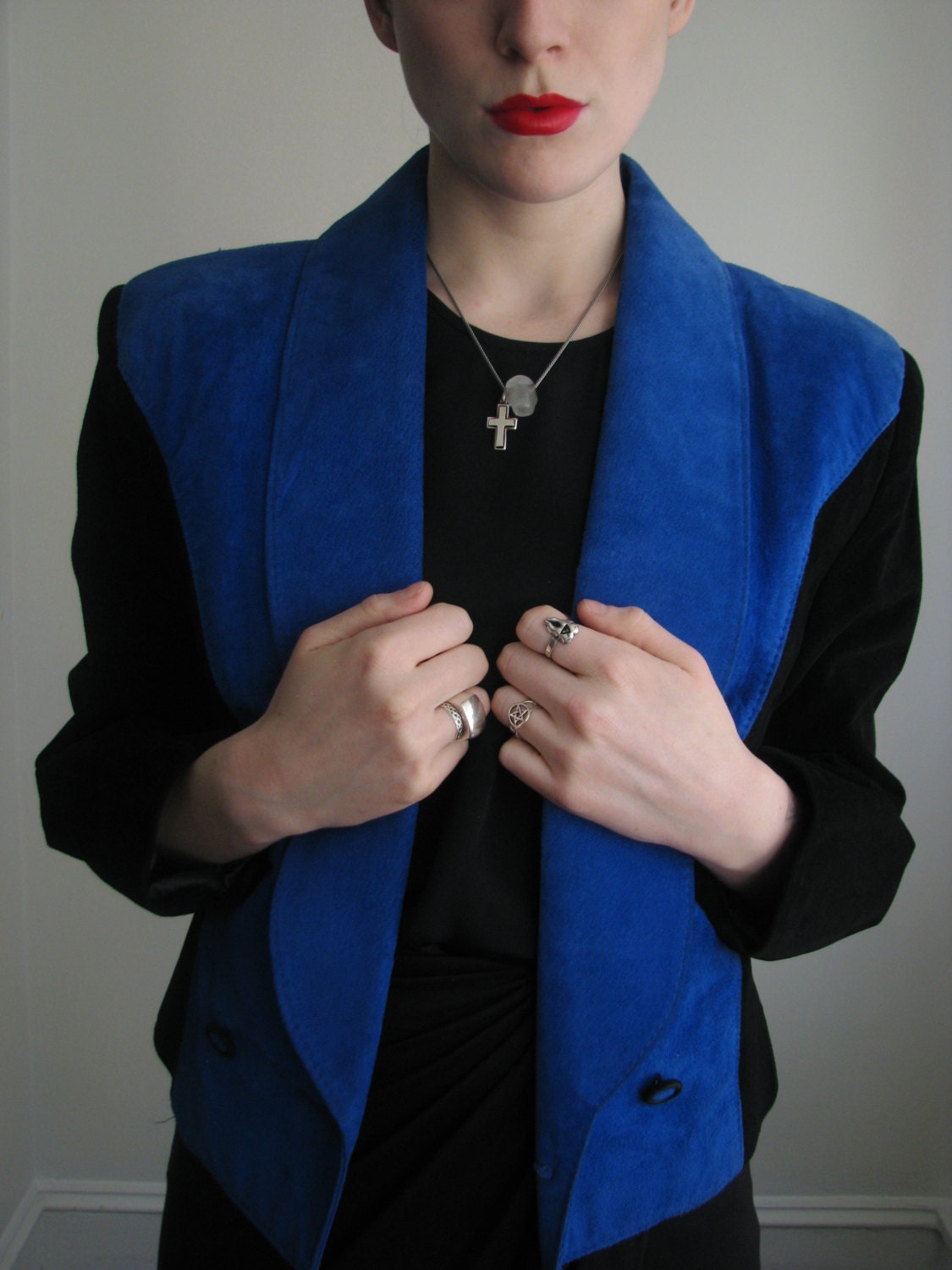 80s color-block SUEDE blazer / blue & black suede / S-M