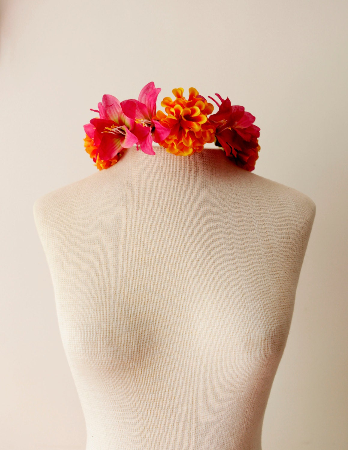 Hot pink and orange flower crown, with adjustable felt lined headband